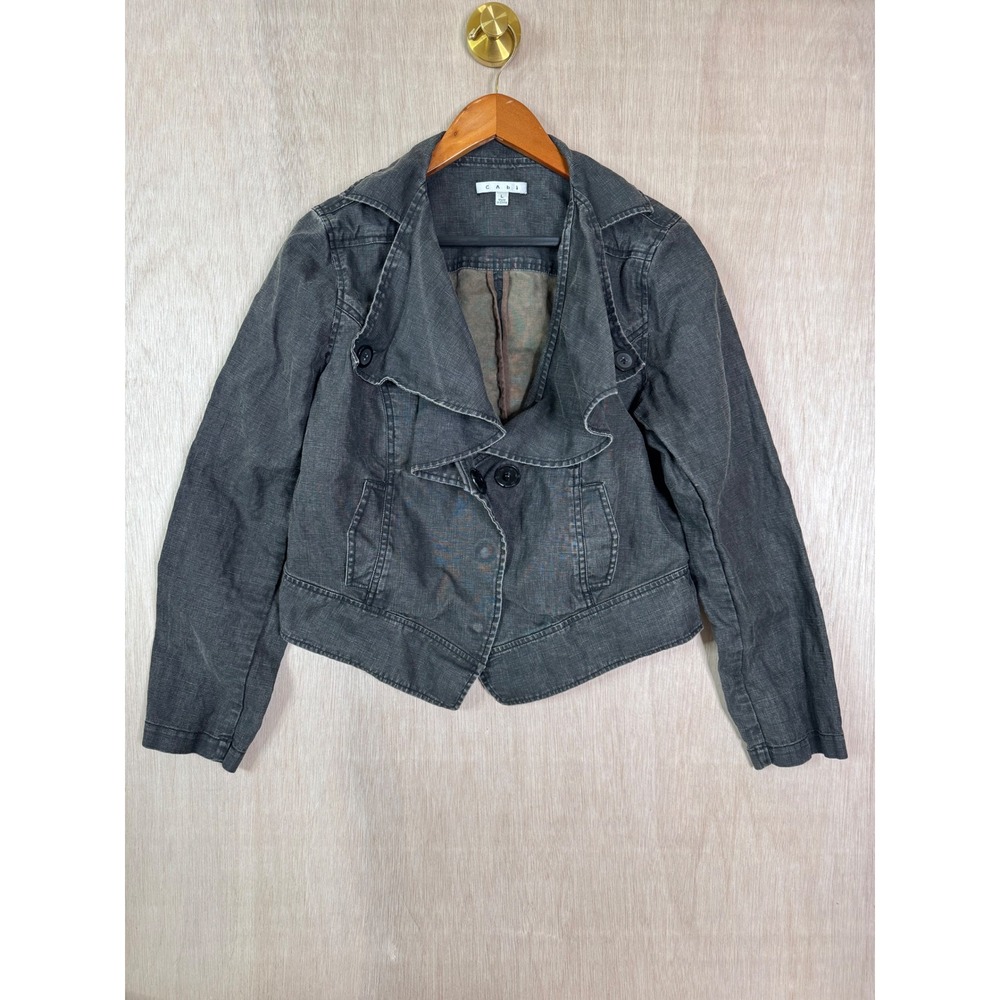 Cabi Womens Dark Gray Denim Blend Wavy Collar Snap Button Jean Jacket Large
